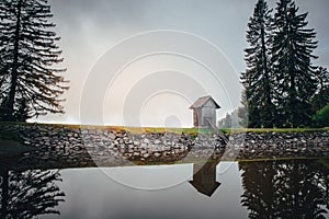 Small wooden house by the lake, romantic scene, tajch ottergrund, banska stiavnica, slovakia