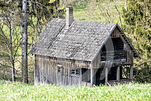 a small wooden house in the middle of the forest among greens and trees