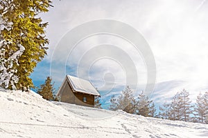 Small wooden house on the mountain