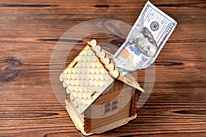 A small wooden house-piggy bank and a money bill of 100 dollars