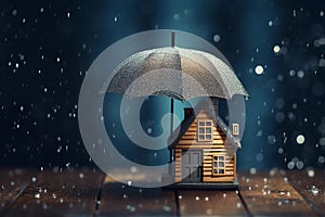 Small wooden house under umbrella in the rain, blue background, copy space. Home insurance and safety. AI generated