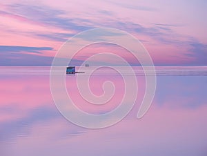 A small wooden house on the water`s edge with the reflection of the sky in the water.