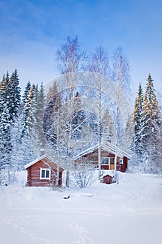 Small wooden house in winter forest