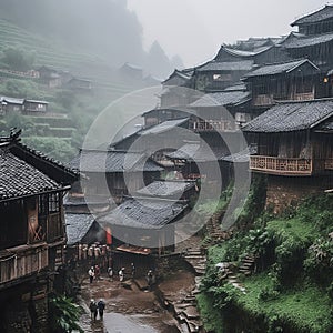 Small Wooden Houses in Small Mountain Villages in China in the Rain