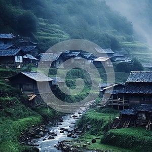 Small Wooden Houses in Small Mountain Villages in China in the Rain