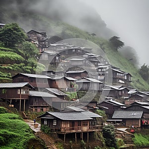 Small Wooden Houses in Small Mountain Villages in China in the Rain