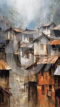 Small Wooden Houses in Small Mountain Villages in China in the Rain