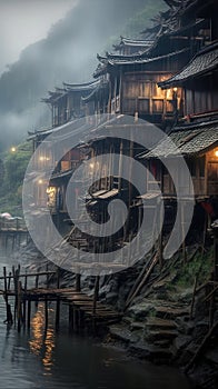 Small Wooden Houses in Small Mountain Villages in China in the Rain