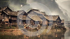 Small Wooden Houses in Small Mountain Villages in China in the Rain