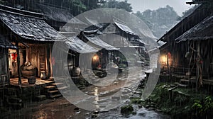 Small Wooden Houses in Small Mountain Villages in China in the Rain