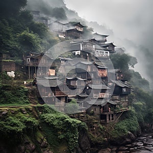 Small Wooden Houses in Small Mountain Villages in China in the Rain