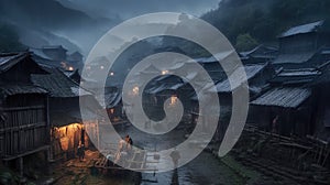 Small Wooden Houses in Small Mountain Villages in China in the Rain