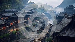 Small Wooden Houses in Small Mountain Villages in China in the Rain