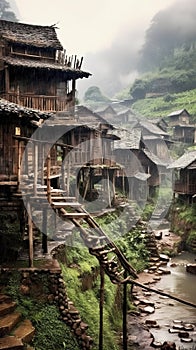 Small Wooden Houses in Small Mountain Villages in China in the Rain