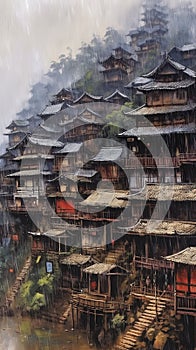 Small Wooden Houses in Small Mountain Villages in China in the Rain