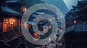 Small Wooden Houses in Small Mountain Villages in China in the Rain