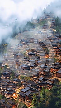 Small Wooden Houses in Small Mountain Villages in China in the Rain