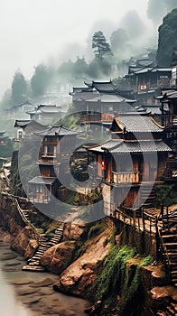 Small Wooden Houses in Small Mountain Villages in China in the Rain