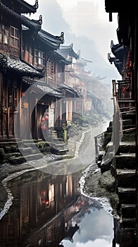 Small Wooden Houses in Small Mountain Villages in China in the Rain