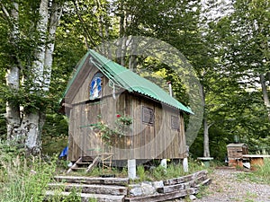 Small wooden huts and private cottages by the Lokvarsko lake in Gorski kotar - Lokve, Croatia / Male drvene kolibe i vikendice