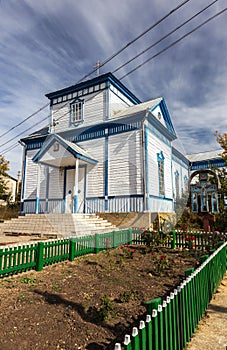 A small wooden provincial Ukrainian Orthodox Church of the Moscow Patriarchate. Odessa region, Kodyma, 2012