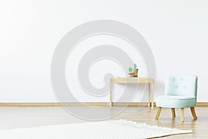 Small wooden table with decorative cactuses, white carpet and mi