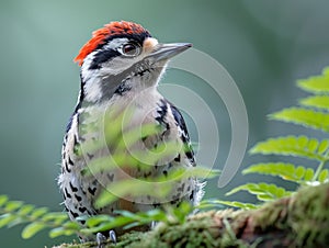 A small woodpecker is sitting on a mossy branch