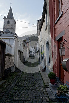 Small workers houses street cobblestones, Crevecoeur , Leffe, Dinant, Belgium