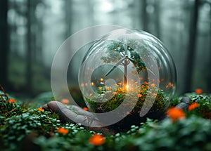 Small world or globe of glass in the forest at night with wind turbine and tree inside