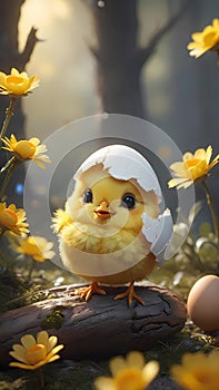 Small yellow baby chicken with eggshell AI Generated