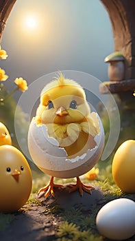 Small yellow baby chicken with eggshell AI Generated