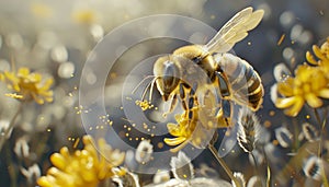 Small yellow bee collecting pollen in nature, work