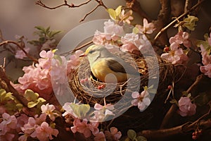 A small yellow bird in a nest on a tree with pink flowers. Spring and wild nature