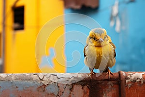 a small yellow bird sitting on a wall in front of a blue and yellow building