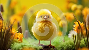 A small yellow bird standing on a rock surrounded by flowers, AI