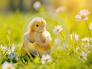 A small yellow chick in the half of an Easter egg on the green grass with spring flowers