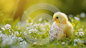 A small yellow chick in the half of an Easter egg on the green grass with spring flowers