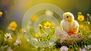 A small yellow chick in the half of an Easter egg on the green grass with spring flowers