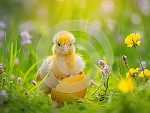 A small yellow chick in the half of an Easter egg on the green grass with spring flowers