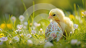 A small yellow chick in the half of an Easter egg on the green grass with spring flowers