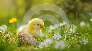 A small yellow chick in the half of an Easter egg on the green grass with spring flowers