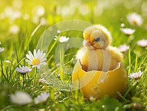 A small yellow chick in the half of an Easter egg on the green grass with spring flowers