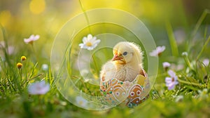 A small yellow chick in the half of an Easter egg on the green grass with spring flowers