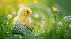 A small yellow chick in the half of an Easter egg on the green grass with spring flowers