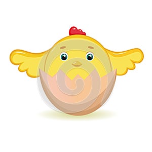 A small yellow chick sits in an egg