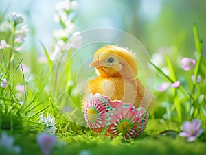 A small yellow chick sits in the half of an Easter egg on background of green grass and flowers