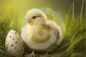 a small yellow chicken standing next to an egg in the grass with a green background and a light green background