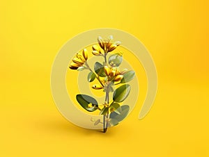 Small yellow flower, with green leaves and stems. It is placed on top of bright yellow background, creating an