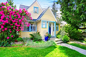 Small Yellow house exterior with blooming rhododendron