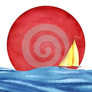 A small yellow sailboat against the backdrop of a giant red circle of the setting sun. Boat at sea. Setting sun. Hand